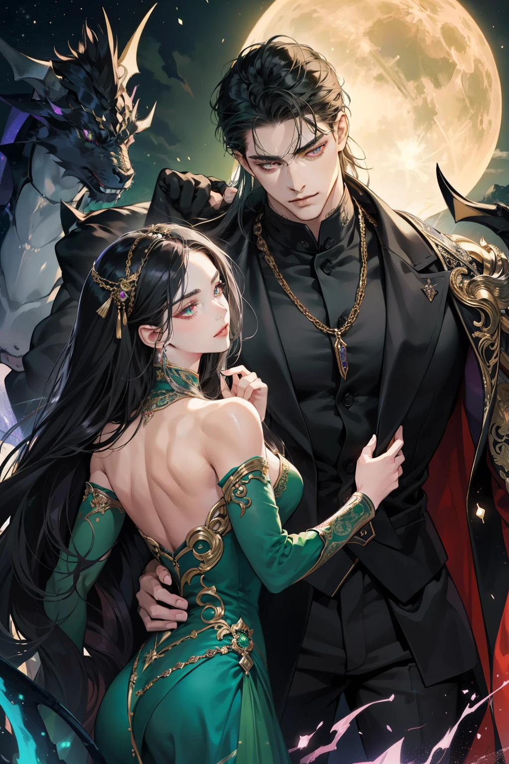 1girl, black hair cascading down to her waist, purple eyes with dragon pupils, fair complexion, dressed in a enchanting dark red queen dress made from heavenly dark satin, adorned with golden details, her lips glossed with a deep red lipstick, slender and graceful, engaged in a sensual and loving kiss with her partner.
1man, short black hair, green eyes with dragon pupils, muscular physique, dressed in an imposing dark green suit with gold details, outlining his defined beard, generating an aura of sensual and seductive attraction. He is embracing his partner, the 1girl, in a passionate and loving