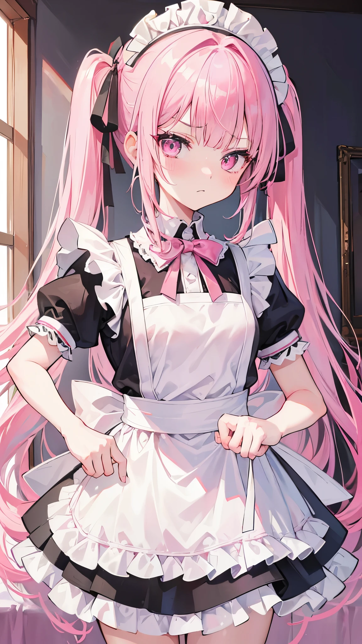 (8k、Best image quality、highest quality、masterpiece)、Detailed face、One girl、Pink Hair、twintails、blunt bangs、Pink eyes、blush、Get angry、Small breasts、White brim、((Maid))、Short sleeve、Cowboy Shot、Bedroom Background