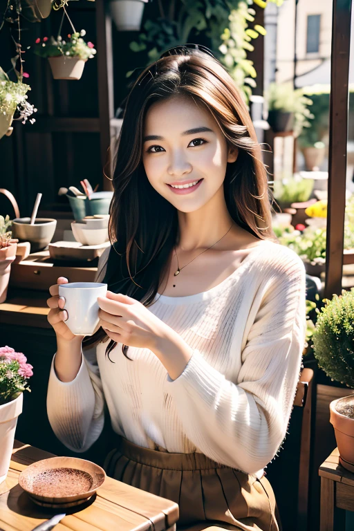 best quality,4k,8k,highres,masterpiece:1.2,ultra-detailed,realistic:1.37,girl(s),beautiful detailed eyes,beautiful detailed lips,extremely detailed face,soft natural lighting,casual outfit, Japanese, small face, intimate atmosphere,coffee aroma,barista preparing coffee,espresso machine,artistic latte art,cozy corner,comfortable seating,plants and flowers,delicate porcelain cups,various types of coffee beans,coffee grinder,coffee beans in burlap sacks,classic vintage espresso machine,cappuccino with frothy milk,aromatic coffee brewing,rich and smooth coffee taste, evening, relaxing background music,calm and peaceful ambiance,gentle clinking of cups,artisanal coffee,steaming cup of coffee in hand,indoor balcony with potted plants,bookshelf filled with novels and magazines,inviting atmosphere,friendly and attentive staff, shy and smiling, coffee date, pov
