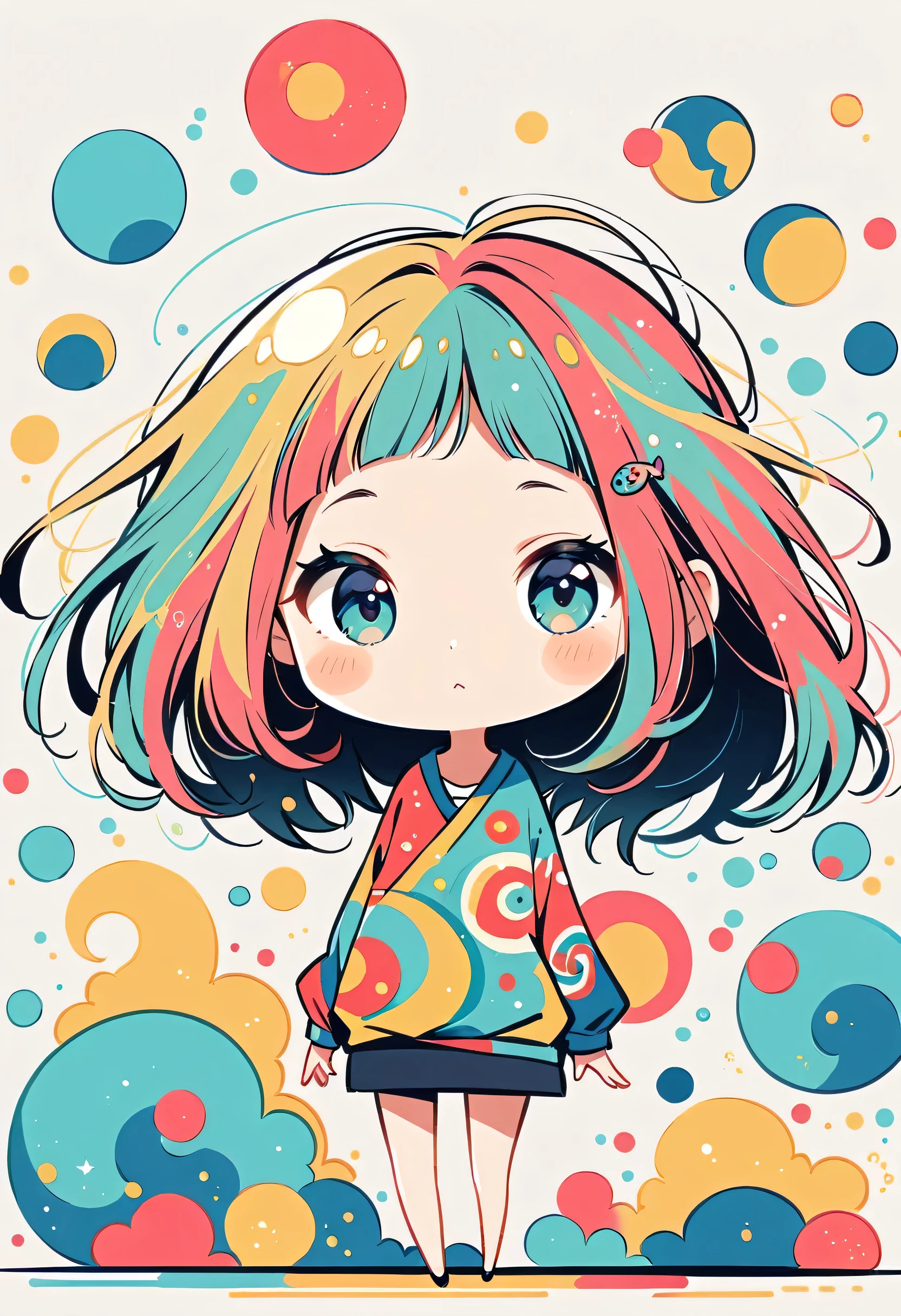 Takashi Murakami style, Standing in front of a high wall,Simple Line Initialism,Abstract art,Urban Background, (((The most beautiful girl))), (((chibi)))
