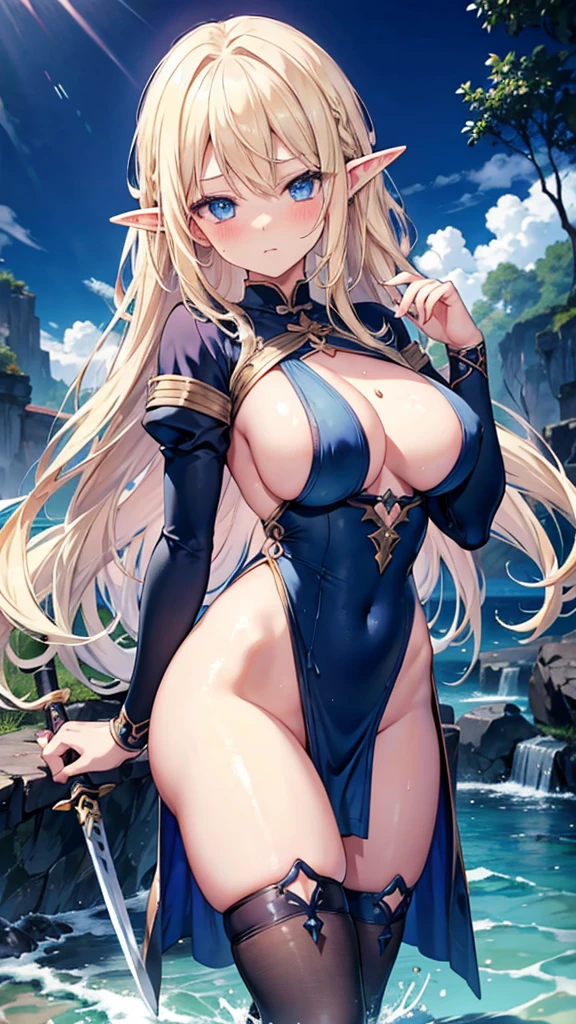 Blonde hair and blue eyes　Long Hair　Elf　Big Breasts　naked　Wet　Dark blue scoop water　Embarrassing　Erotic　blush　Large Breasts　Beauty　cute　Highest quality　Swordsman　Dark blue stockings