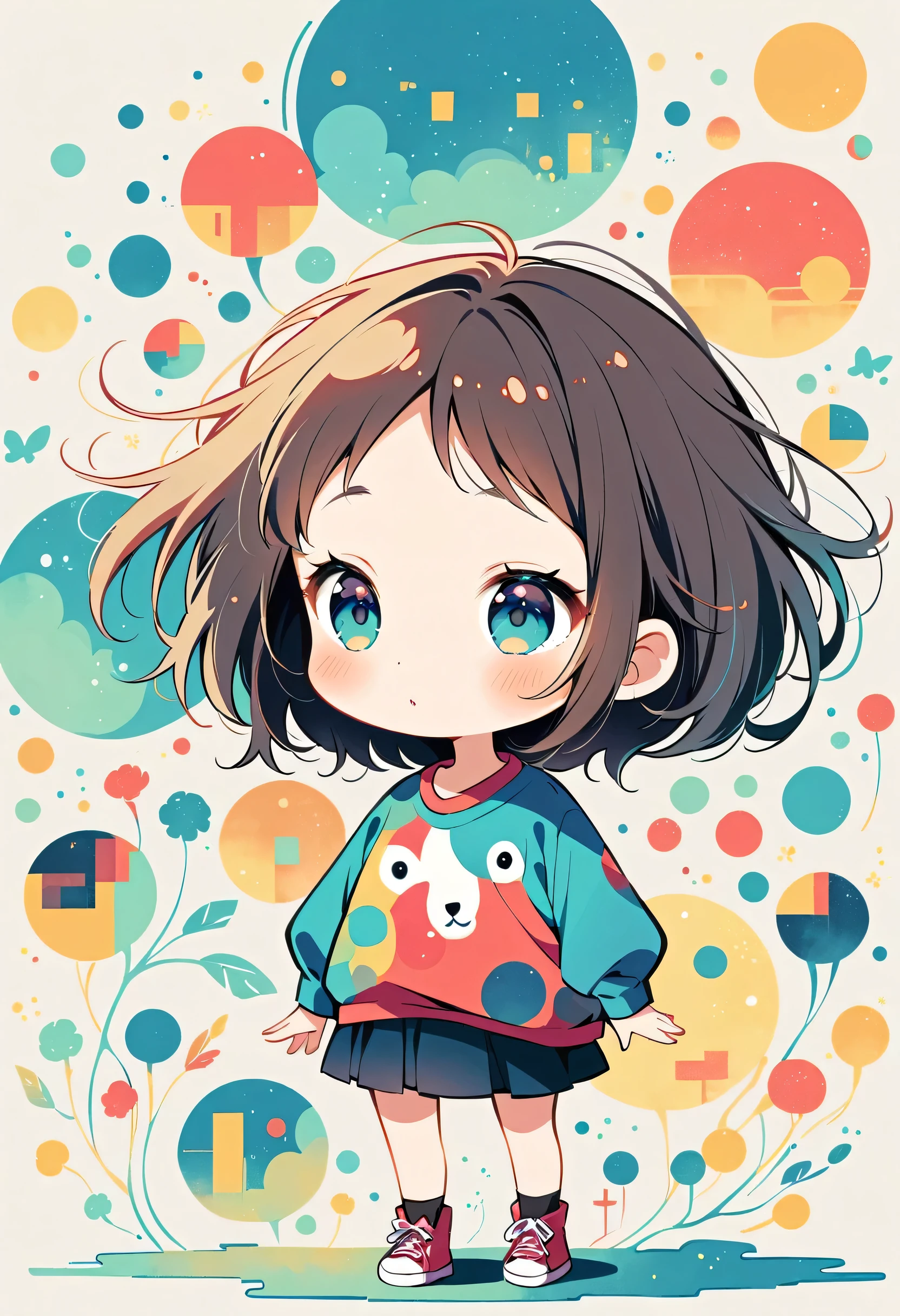 Takashi Murakami style, Standing in front of a high wall,Simple Line Initialism,Abstract art,Urban Background, (((The most beautiful girl))), (((chibi)))