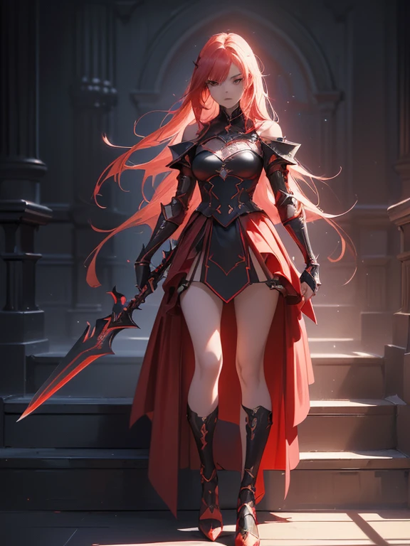 Design a layout showcase Gaming character, (1girl). Red+Black clothes, stylish and unique, ((showcase weapon:1.4)), flaming sword, (masterpiece:1.2), (best quality), 4k, ultra-detailed, (Step by step design, layout art:1.5), (luminous lighting, atmospheric lighting), demon, ((glove full hands)), (((revealing clothes:1.3))), vambraces, armored legwear, (((full_body_shot:1.4))).