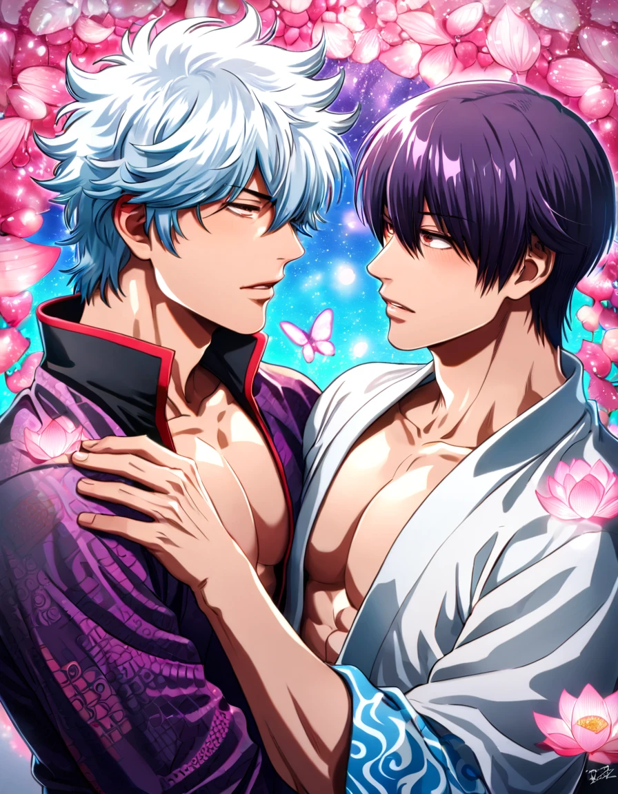 absurdres, highres, ultra detailed, HDR, master piece, best quality, Takasugi Shinsuke, dark purple hair, hair over the left eye, expressive brown eyes, Gintama, Sakata Gintoki, white hair, expressive red eyes, two men together, gay couple, yaoi, handsome, toned chest, white kimono, purple kimono, patterns, magical, fantasy, pink lotus, shining, pink petals, pink sparkling butterflies, water