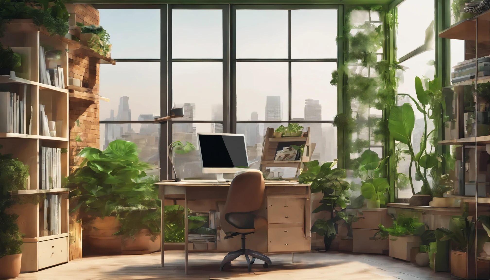 an artist desk with plants, books, paper, laptop, shelf, drawers, with a view to a green urban scenery