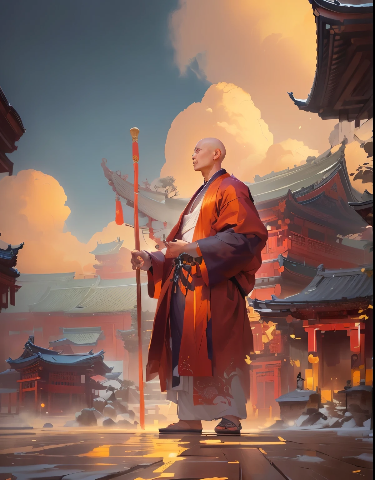 1 Bald man,He wears Buddha beads on his chest,Carrying luggage,((Complete luggage)),Put on the flame armor,Fighting posture,Red ribbon,Clouds of flame under your feet,tmasterpiece,((The background is the Forbidden City, Oriental ancient city)),Cloud fog,8K,high definition resolution,Detailed detail drawing,very photoreal,