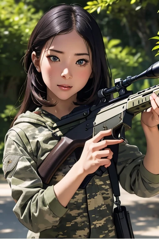 survival game、Camouflage、survival gameのフィールド、A beautiful girl is holding a rifle、head to waste、