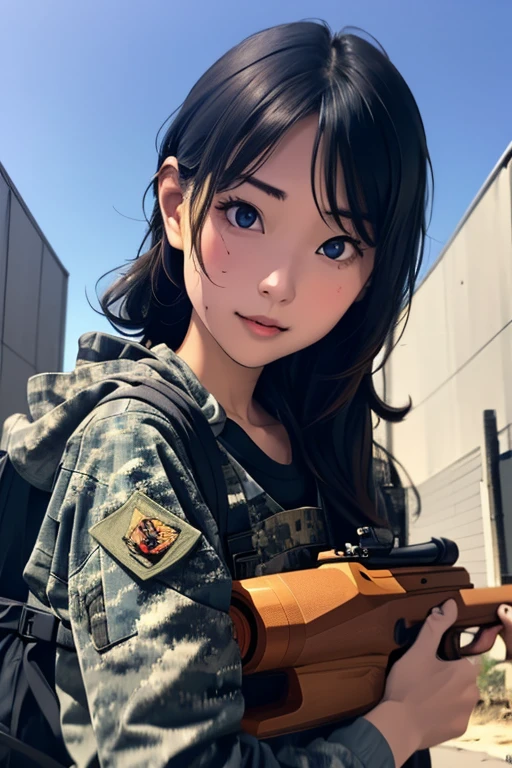 survival game、Camouflage、survival gameのフィールド、A beautiful girl is holding a rifle、head to waste、