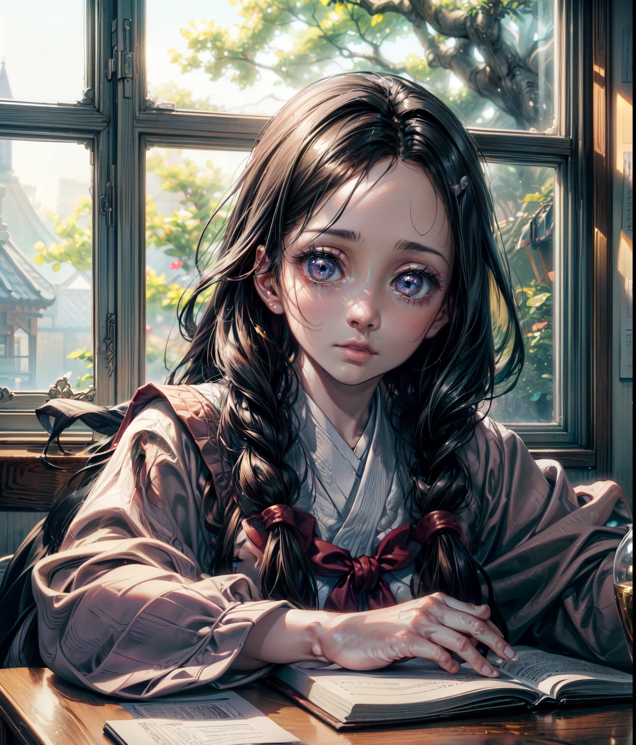 1girl, nezuko kamado from demon slayer, beautiful detailed eyes, beautiful detailed lips, extremely detailed face, long eyelashes, , sitting at a desk, studying, serious expression, class room interior, large windows, sunlight streaming in, warm lighting, soft colors, photorealistic, (best quality,4k,8k,highres,masterpiece:1.2),ultra-detailed,(realistic,photorealistic,photo-realistic:1.37),beautiful lighting, soft focus, highly detailed