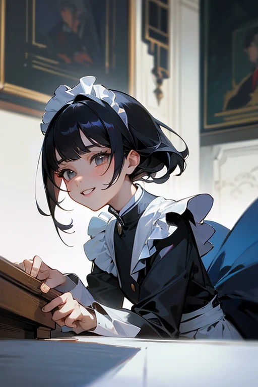 (Highest Resolution, clear_image) highest quality, Single person, One woman, alone, masterpiece, Very detailed, Semi-realistic, Black Hairのショートヘア, Black Hair, bangs, 18-year-old, mature, light blue uniform, uniform, Indoor Background, kind, Authoritative, Powerful, exquisite features, exquisite features、Eyelashes become longer、Showing teeth、smile😀、Maid clothes、woman'Fingers in the、Sleeping on the sofa、Long Hair、Fluttering in the wind、Navy blue clothes、Long Hair、maintenance、