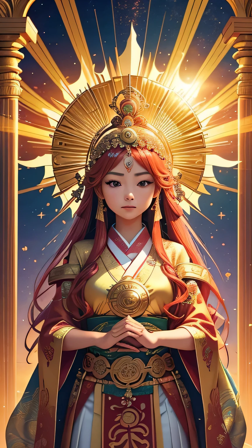 "Child of the Sun, Goddess of Love": Within a sacred sanctuary bathed in sunlight, depict the figure of a sun goddess who governs love, facing forward and emanating divine radiance. She is a , around 3 years old. Zoom in to focus on her face, with a gleaming orb of light in her hands, representing the life-giving power of the sun. Her hair is shimmering gold, and she is wearing a traditional miko outfit as seen in Japanese shrines. The background should be predominantly gold, evoking a sense of divine splendor, with numerous heart-themed objects expressing the beauty of love. The setting is in heaven, enveloped in soft, bright light, where one can find tranquility and peace of mind, free from any trace of anxiety.