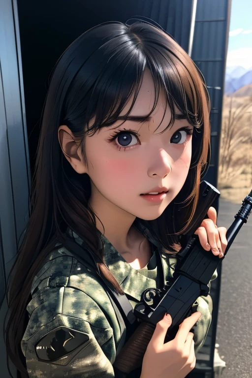 survival game、Camouflage、survival gameのフィールド、A beautiful girl is holding a rifle、head to waste、