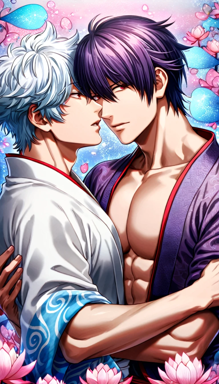 absurdres, highres, ultra detailed, HDR, master piece, best quality, Takasugi Shinsuke, dark purple hair, hair over the left eye, expressive brown eyes, Gintama, Sakata Gintoki, white hair, expressive red eyes, two men together, gay couple, yaoi, handsome, toned chest, white kimono, purple kimono, patterns, magical, fantasy, pink lotus, shining, pink petals, pink sparkling butterflies, water
