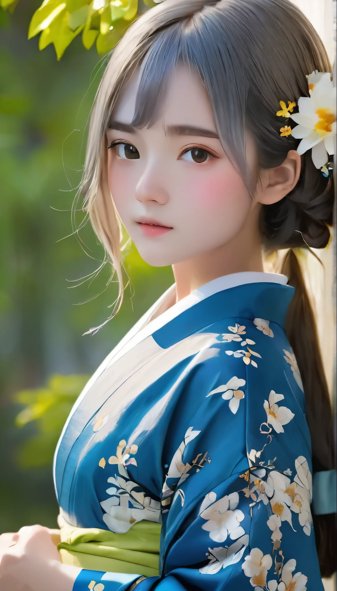 (((RAWphotograph:1.3、Realistic、Ultra-realism)))、highest quality, Tabletop, High resolution, (((One Girl))), ,(((eyes are gray:1.3)))、Gray kimono、((美しいGray kimono)), Tyndall effect, Realistic, Shadow Studio,Ultramarine Lighting, Dual Tone Lighting, (High resolutionスキン: 1.2)、Pale colored lighting、Dim lighting、 Digital SLR, photograph, High resolution, 4K, 8k, Background Blur,Beautiful fade out、gray flower world