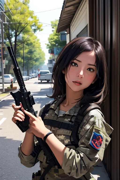 survival game、Camouflage、survival gameのフィールド、A beautiful girl is holding a rifle、head to waste、
