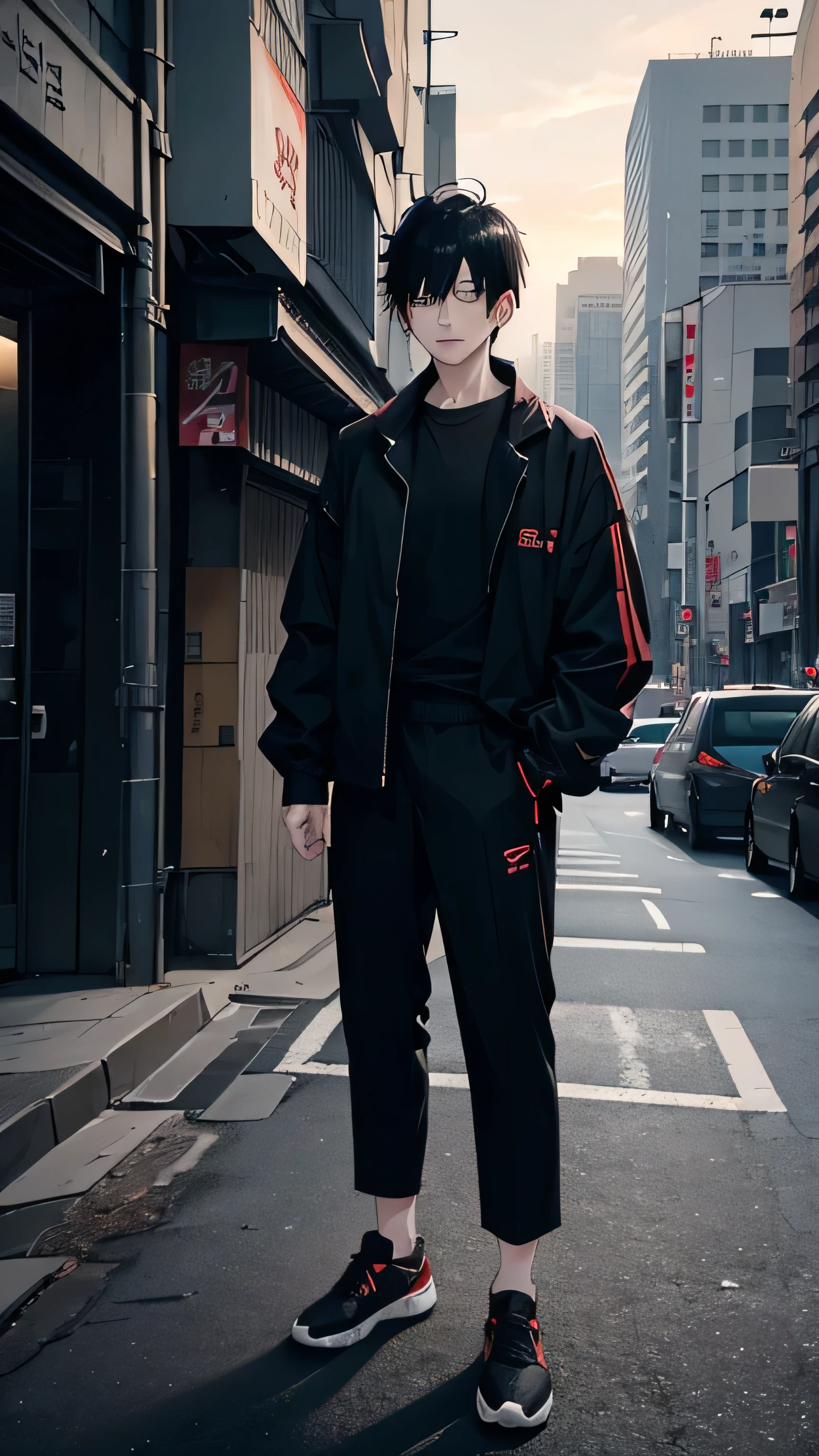 Korean man, really short hair, black hair, tall, jujutsu kaisen, jujutsu, black shirt, black open unzipped jacket, black trousers, modern tokyo background, sunset, grunge, aesthetic, dark, city street, eerie, moody, black and red sneakers, looking away from camera, full-body shot, reference drawing