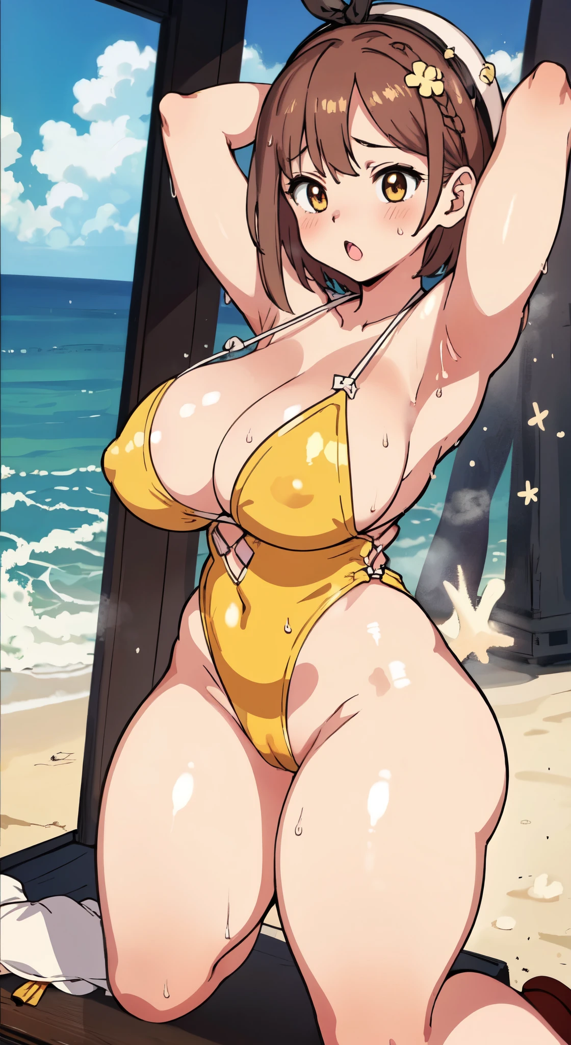 (Perfect body),((Tabletop, highest quality, High resolution, Hmph, Pixel Perfect、nsfw))、Anime Screen Capture、((((Wet、Steam from both armpits))))、((Chubby))、((blush))、1 girl,(((Embarrassing、:o)))、((On all fours)),(((Swollen nipples、Huge breasts)))、((((Thick thighs、Big Ass、Wide Hips))))、((Brown Hair))、(((Short Hair、Yellow leotard)))、(((Beach)))、