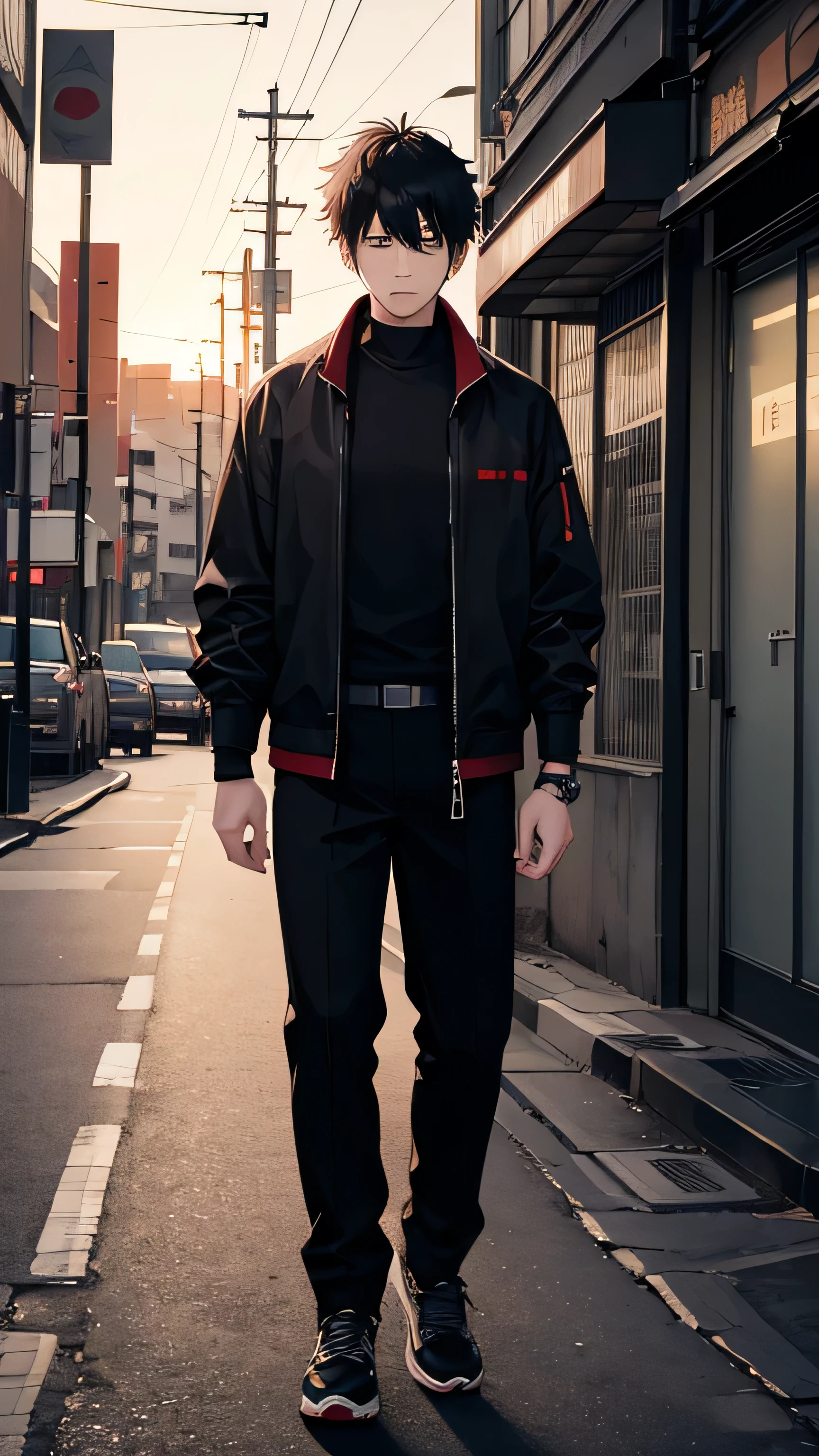 Korean man, really short hair, black hair, tall, jujutsu kaisen, jujutsu, black shirt, black open unzipped jacket, black trousers, modern tokyo background, sunset, grunge, aesthetic, dark, city street, eerie, moody, black and red sneakers, looking away from camera, full-body shot, reference drawing