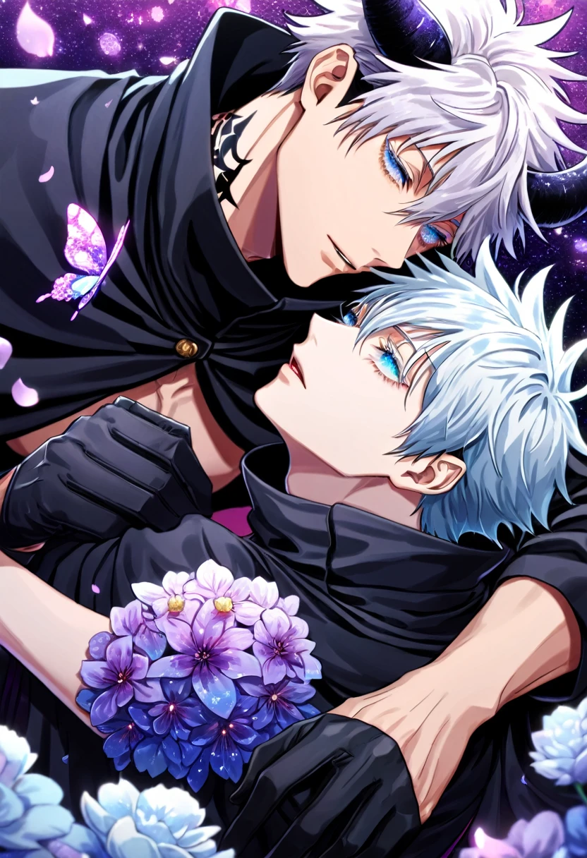 Ultra detailed, HDR, Highres, absurdres, master piece, Gojo Satoru, white hair with bangs, expressive blue eyes, white eyelashes, hair between the eyes, Fushiguro Megumi, black hair, expressive blue eyes, Jujutsu Kaisen, purple glittering butterflies, petals, fantasy, purple flowers, two sexy man together, gay couple, yaoi, extremely detailed face and eyes, handsome, glittering, black cape, black fantasy clothes, tattoo on his neck, purple gemstone background, purple flames, cross, black gloves, radiant, black demon horns, love,