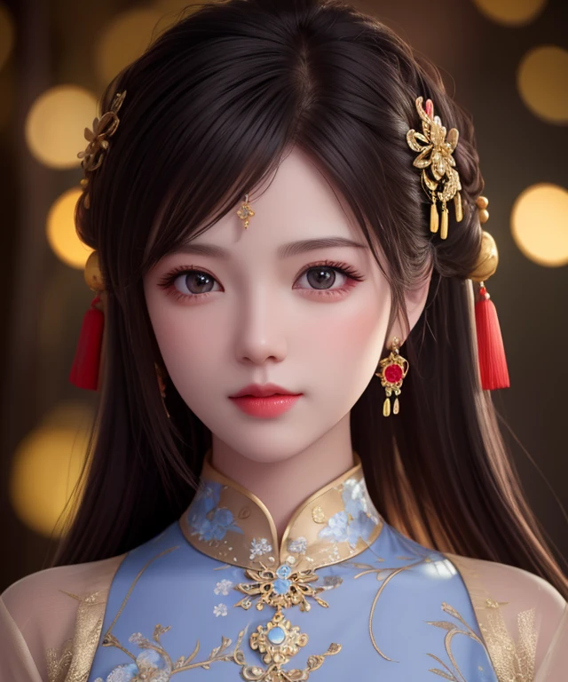 best quality, masterpiece, high res, 1girl, chinese dress, hair ornament, necklace, jewelry, Beautiful face,upon_body, tyndall effect, photorealistic, dark studio, rim lighting, two tone lighting,(high detailed skin:1.2), 8k uhd, dslr, soft lighting, high quality, volumetric lighting, candid, Photograph, high resolution, 4k, 8k, Bokeh
