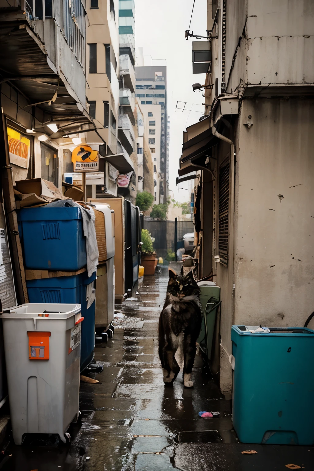 Illustration of a stray cat named Oren in a busy corner of the city. Oren looks shabby, with matted and uneven fur. He was scavenging for used goods in the trash in the rain. In the background, you can see tall buildings and busy streets.