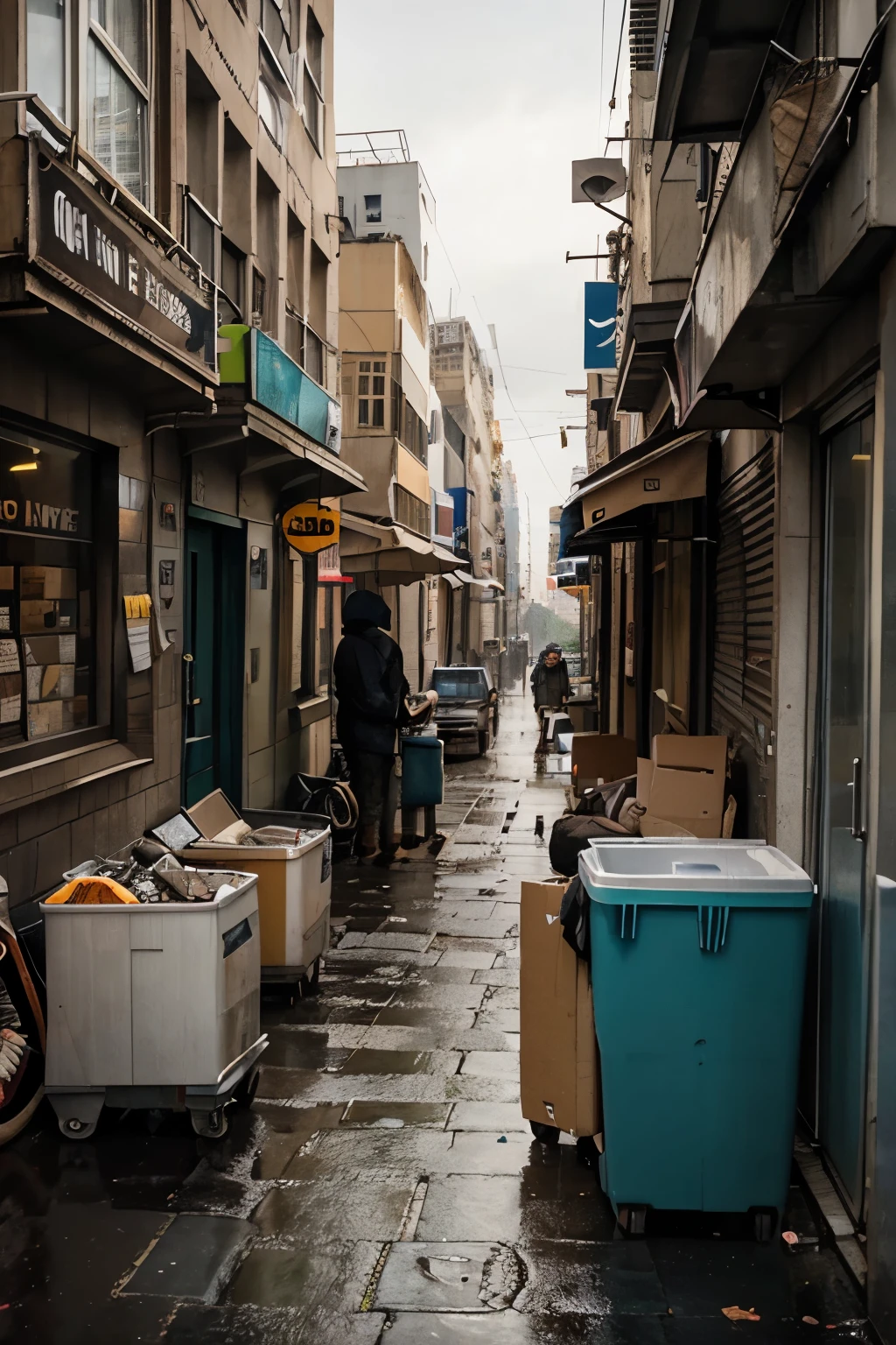 Illustration of a stray cat named Oren in a busy corner of the city. Oren looks shabby, with matted and uneven fur. He was scavenging for used goods in the trash in the rain. In the background, you can see tall buildings and busy streets.