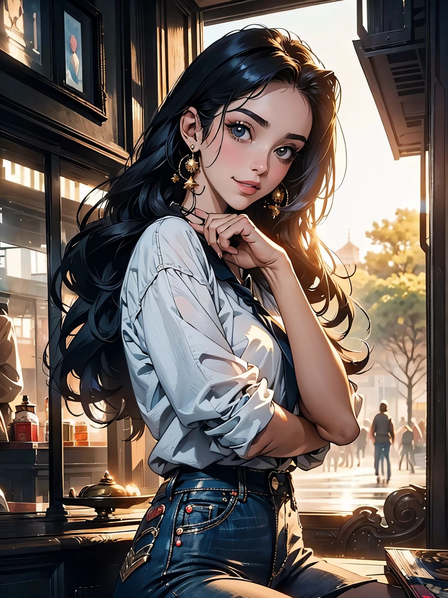 1 garota,(cabelo preto semi-longo)(cabelo bonito), atriz, sorriso, pele brilhante, corpo inteiro, melhor qualidade, Obra de arte, (Fotorrealista:1.4), terrace seating, Europa, France, Paris, Minissaia jeans (tecido realista), mangas curtas brancas (Cotton Factory), (no logo), dedos finos