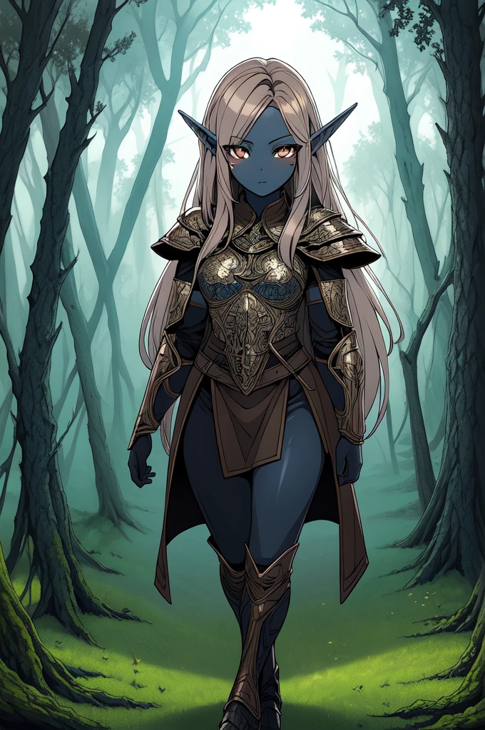 masterpiece, best quality, CG, wallpaper, HDR, high quality, high-definition, extremely detailed, drow, colored skin, dark elf, blue skin, grey skin, pointy ears, cape, armor, looking at viewer, 1girl, forest, dark forest, mythical forest, dimmed light, brown eyes,  long hair, chibi,