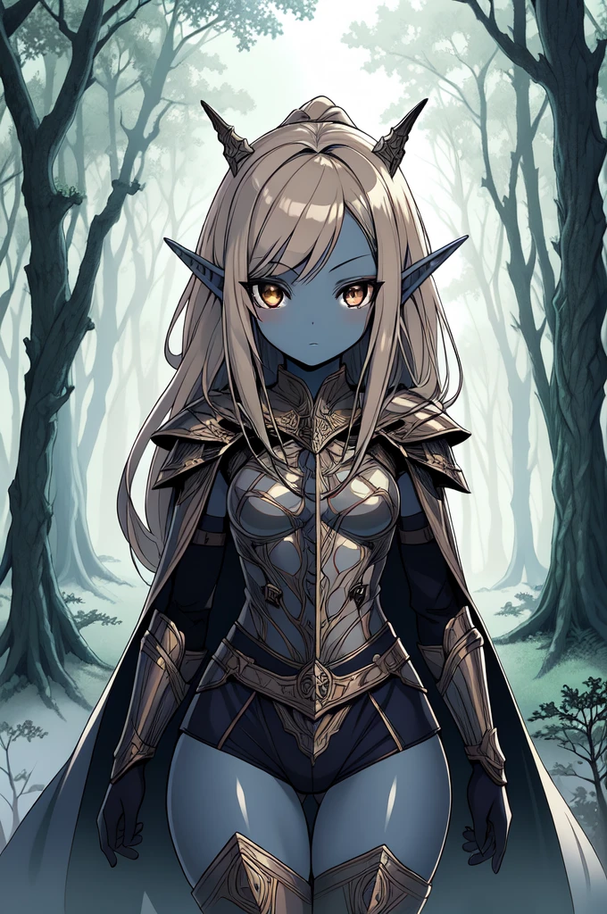 masterpiece, best quality, CG, wallpaper, HDR, high quality, high-definition, extremely detailed, drow, colored skin, dark elf, blue skin, grey skin, pointy ears, cape, armor, looking at viewer, 1girl, forest, dark forest, mythical forest, dimmed light, brown eyes,  long hair, chibi,