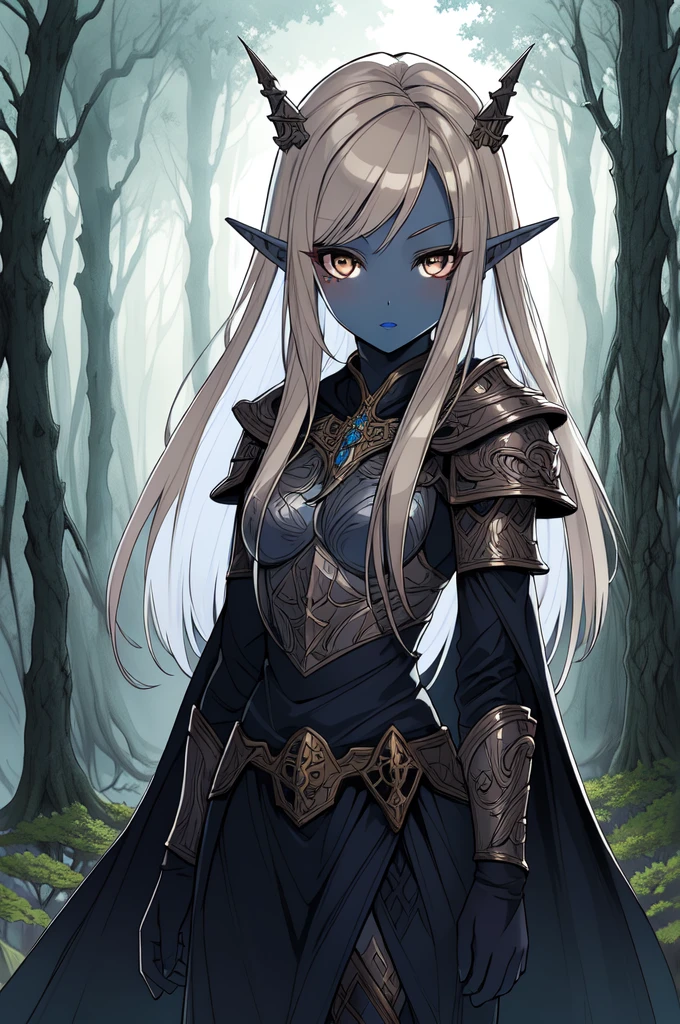 masterpiece, best quality, CG, wallpaper, HDR, high quality, high-definition, extremely detailed, drow, colored skin, dark elf, blue skin, grey skin, pointy ears, cape, armor, looking at viewer, 1girl, forest, dark forest, mythical forest, dimmed light, brown eyes, long hair, chibi,
