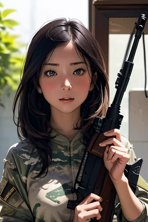 survival game、Camouflage、survival gameのフィールド、A beautiful girl is holding a rifle、head to waste、