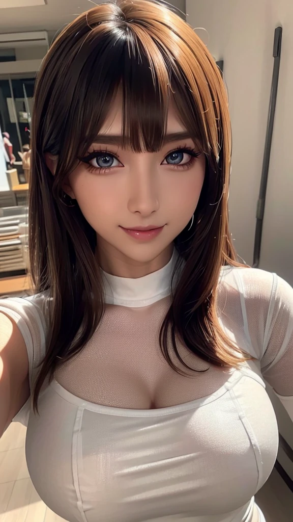 Very detailed, beautiful, highest quality, Professionally taken photos, Like a poster, detailed beautiful round eyes, beautiful detailed face, Whole Body Ezbian, Medium Long Hair, Casual Hairstyles, (Random color hair, Golden mesh), Big eyes, Random color eyes, Long eyelashes, Thick mascara, Dark eyeliner, (Huge breasts), (Bust about to burst:1.45), Wide selection, Thick waist), (Wide Hips:1.4, Toned thighs, Body Curves), 40 years old, woman, (White tight dress, white), Perfect Face, Perfect body, Sexy pose, (A shy smile), Random Location, nature, (alone), The light on my face,
