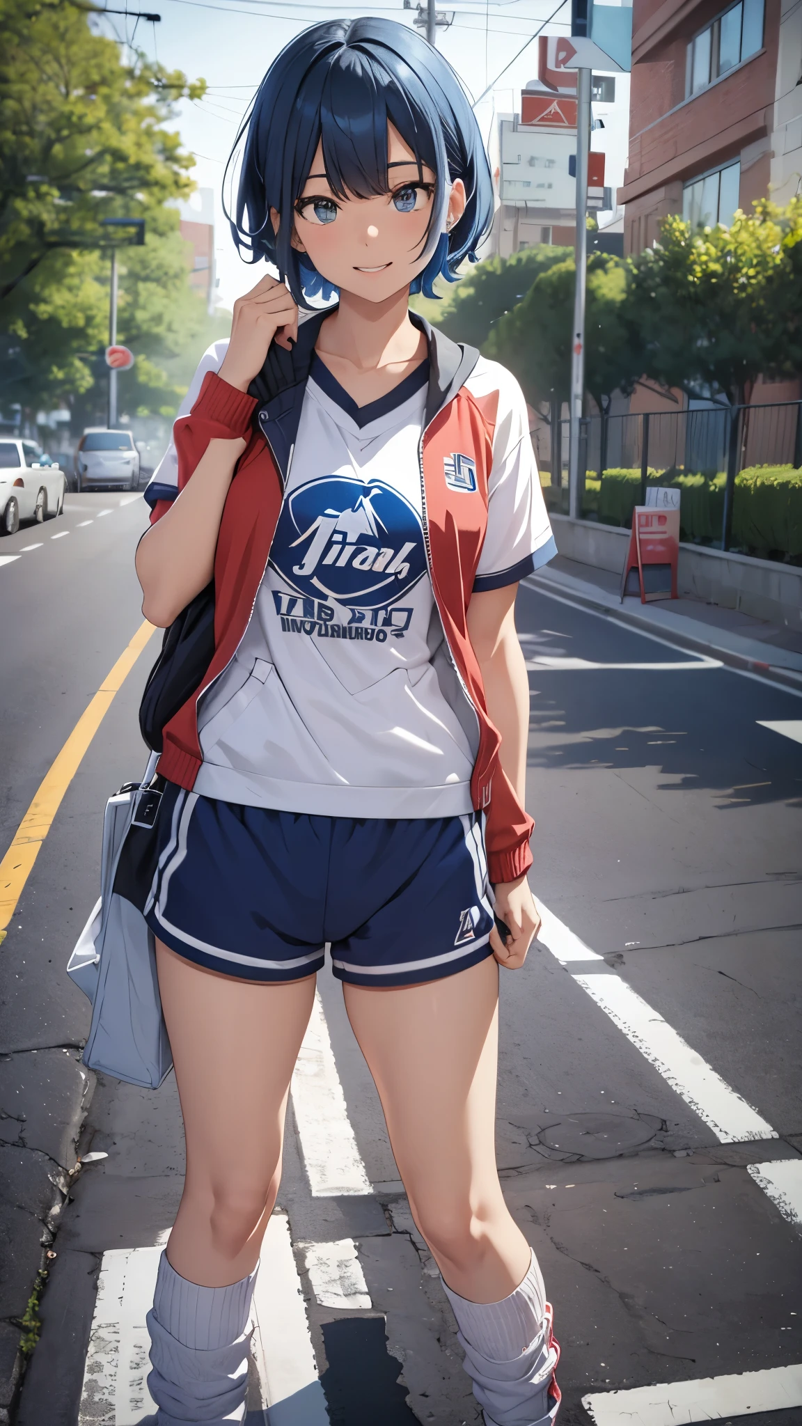 One  girl,short hair,blue hair mixed colored red hair,((jersey,sports style)),rage,laugh,grin,slender body,socks,sneakers.