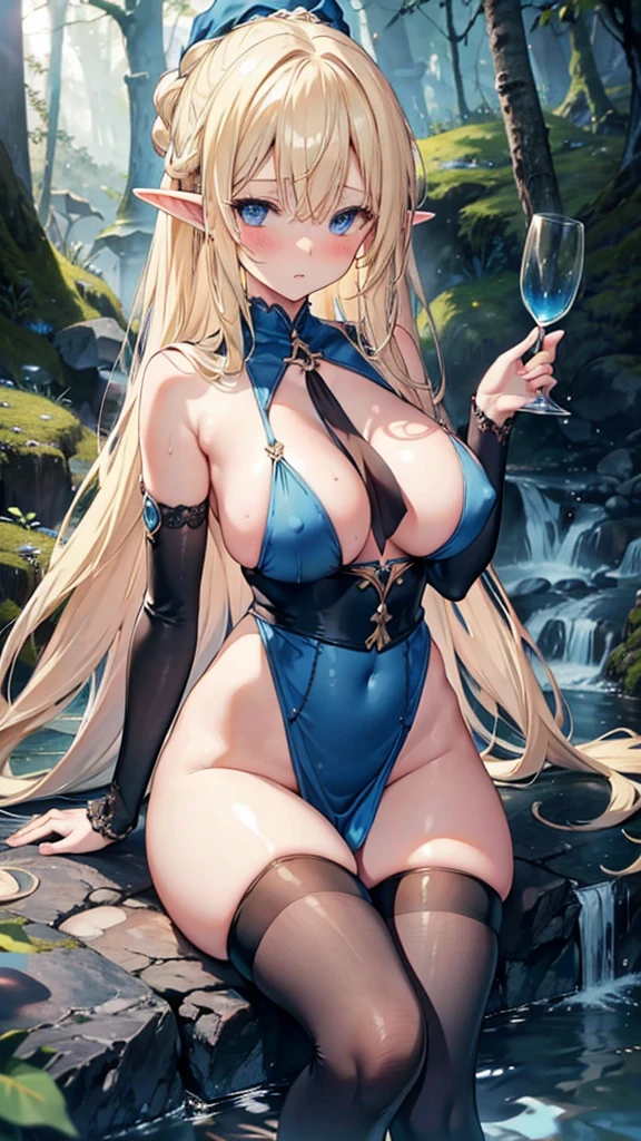 Blonde hair and blue eyes　Long Hair　Elf　Big Breasts　naked　Wet　Dark blue scoop water　Embarrassing　Erotic　blush　Large Breasts　Beauty　cute　Highest quality　Dark blue stockings　in the forest