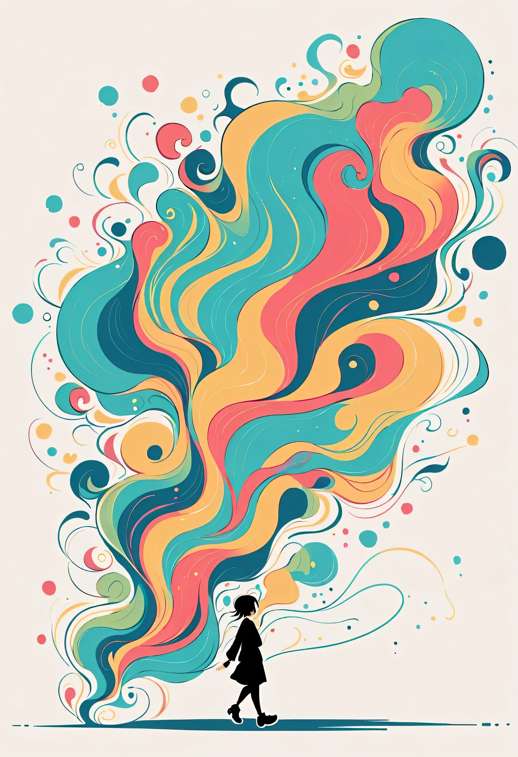 Watase Seizo style, Standing in front of a high wall,Simple Line Initialism,Abstract art,Urban Background, (((The most beautiful girl))), walking
