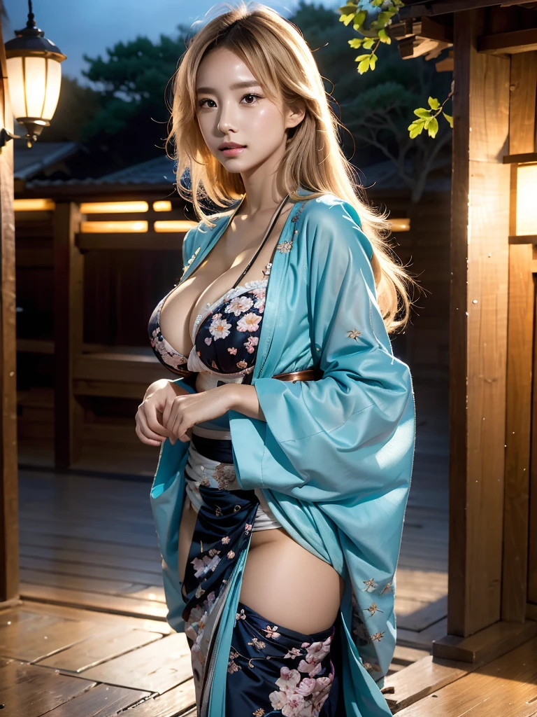 (masterpiece),(best quality),hyper detailed,perfect anatomy,dazzling,perfect face,seductive,1girl, a beautiful bioluminescent girl, stormy tousling long hair, cleavage,copper blonde hair, high detailed_kimono,furisode,
wind_lift, dusk, outdoor, in spring,falling petals,cherry, blossoms, looking_back,looking_at_viewer,dynamic_angle,