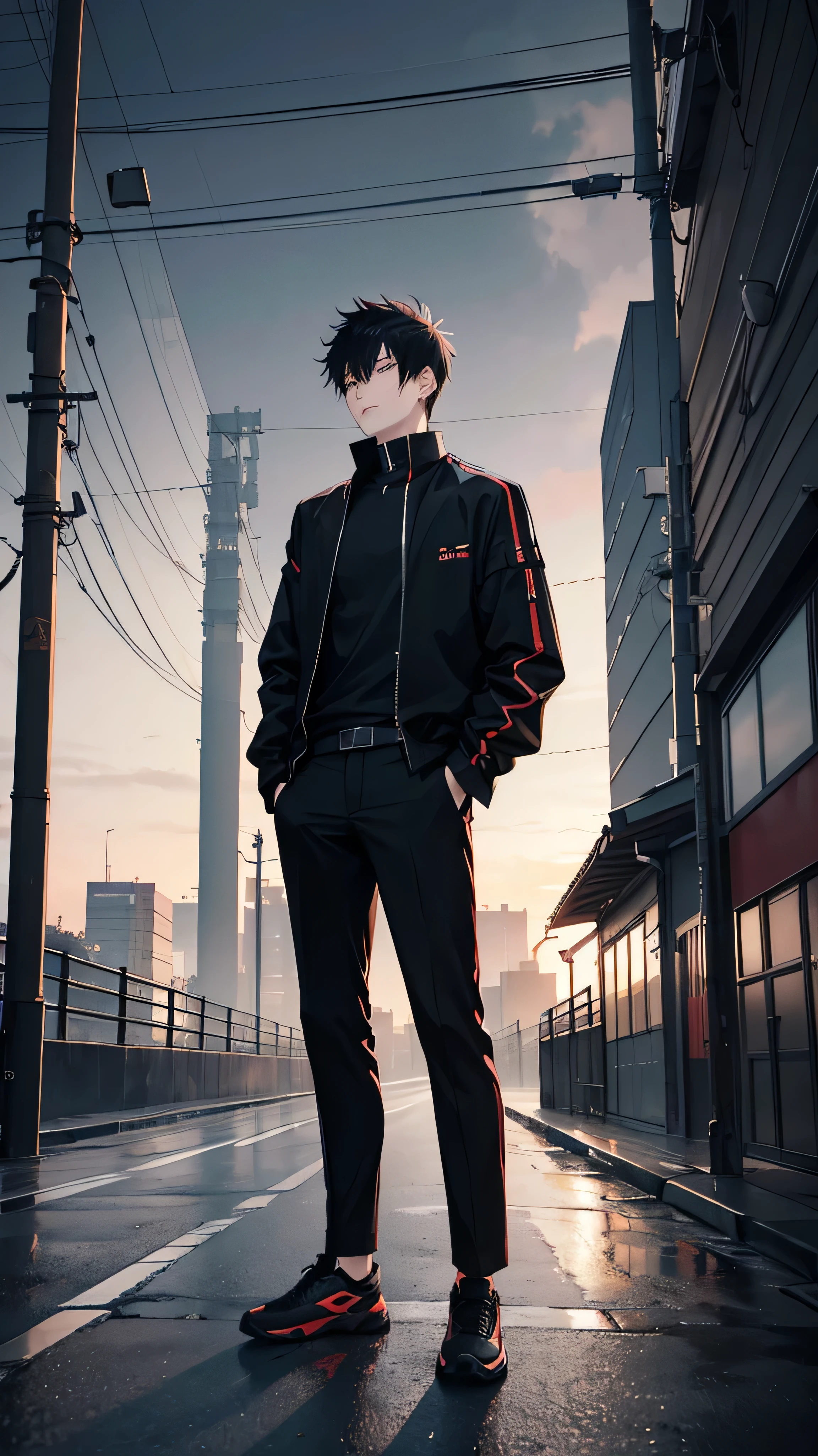 Korean man, really short hair, black hair, tall, jujutsu kaisen, jujutsu, black shirt, black open unzipped jacket, black trousers, modern tokyo background, sunset, grunge, aesthetic, dark, city street, eerie, moody, black and red sneakers, looking away from camera, full-body shot, reference drawing