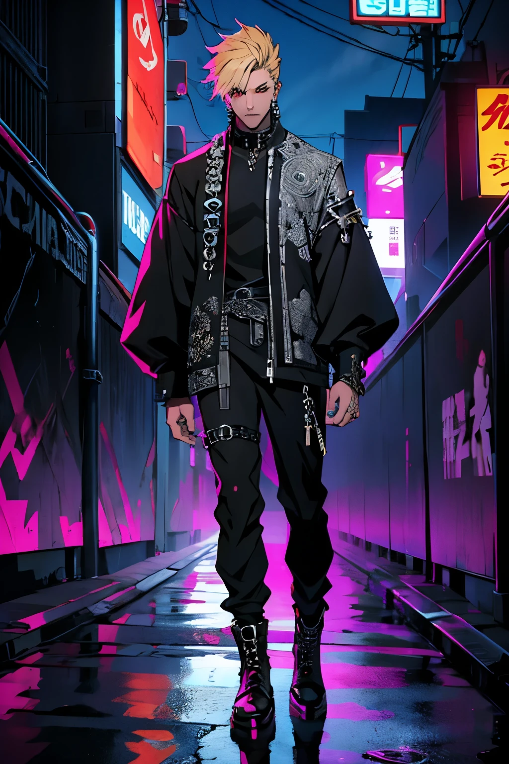 1boys,Single person,Young men,Y2K,Emo style,non-mainstream,Mines are boys,Harajuku style,Exaggerated dressing,Intricate ornaments,Rock style,Gothic style,rivet,ear studs,One-sided earring, pale blonde hair,silver ring,dark-skinned, dark-skin male, intricate red eyes, full body, night city skyline
