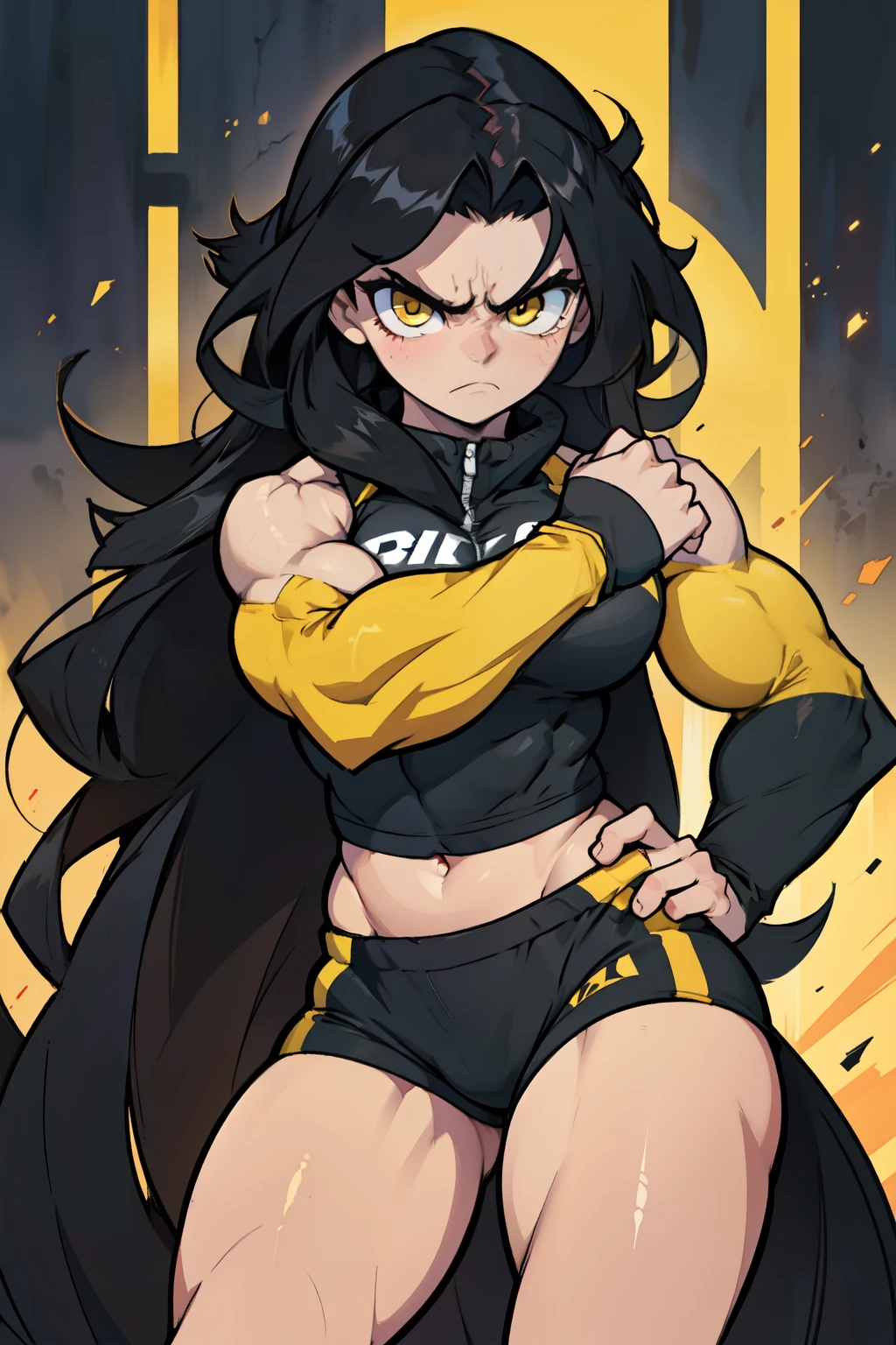 angry ((((1girl)))) (((bodybuilder))) pale skin black hair very long hair yellow eyes midriff