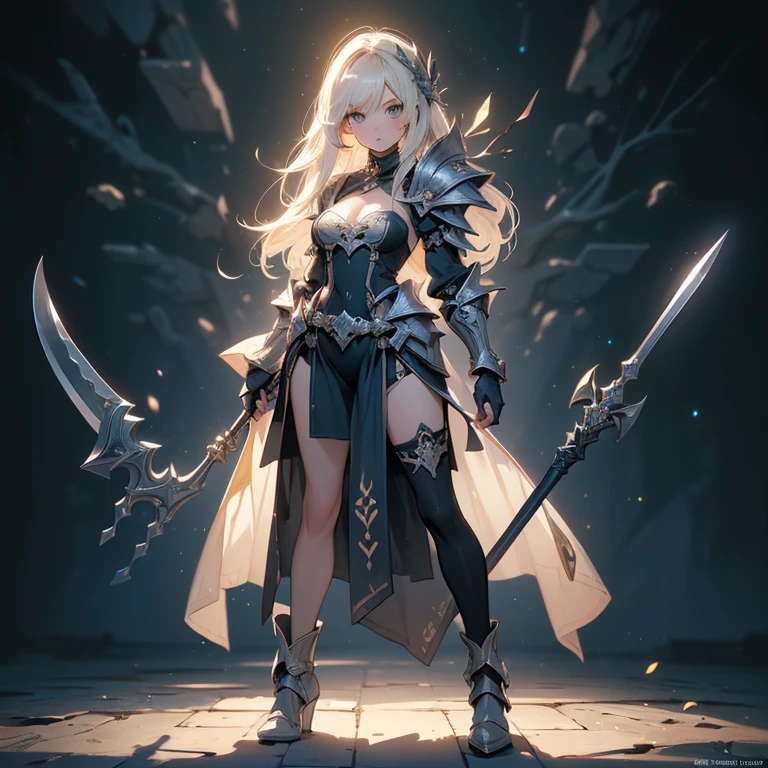 Design a layout showcase Gaming character, (1girl). Golden+Purle clothes, stylish and unique, ((showcase weapon:1.4)), magic staff, (masterpiece:1.2), (best quality), 4k, ultra-detailed, (Step by step design, layout art:1.5), (luminous lighting, atmospheric lighting), magican, ((glove full hands)), (((revealing clothes:1.3))), vambraces, armored legwear, (((full_body_shot:1.4)))
