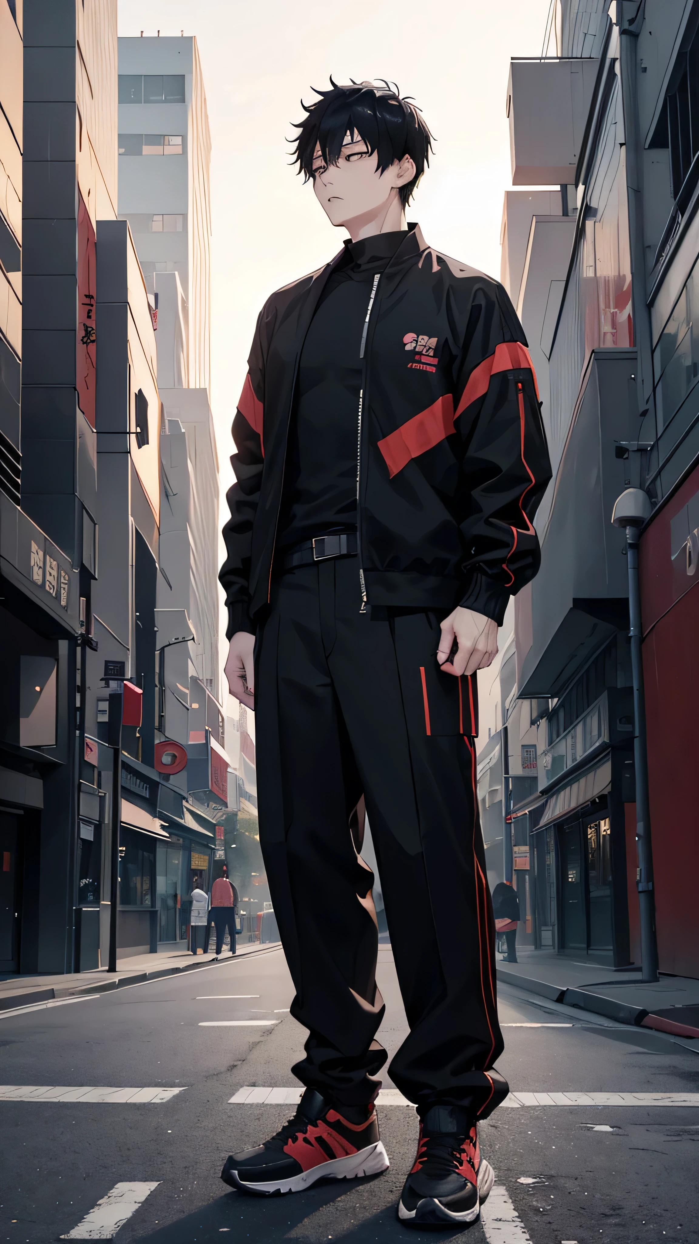 Korean man, really short hair, black hair, tall, jujutsu kaisen, jujutsu, black shirt, black open unzipped jacket, black trousers, modern tokyo background, sunset, grunge, aesthetic, dark, city street, eerie, moody, black and red sneakers, looking away from camera, full-body shot, reference drawing