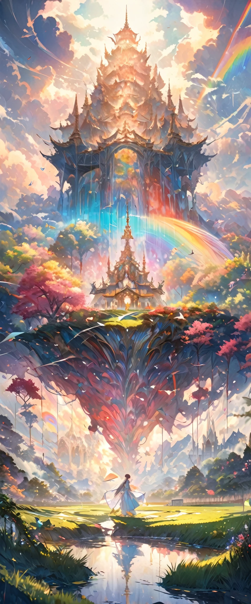 fusion of oil painting and watercolor painting, fusion of paper cutting and shadow puppetry, best quality, super fine, 16k, incredibly absurdres, extremely detailed, delicate and dynamic, many cute baby angels with wings will descend to pray for peace, a mysterious gigantic artistic structure made of chrome-plated framework and glass, after the rain, sunlight shines through the gaps in the clouds, the glass reflects the rainbow colors and the timer analyzer displayed, a lot of iridescent petals fluttering down, the grass is covered with mist, creating a fantastic image effect