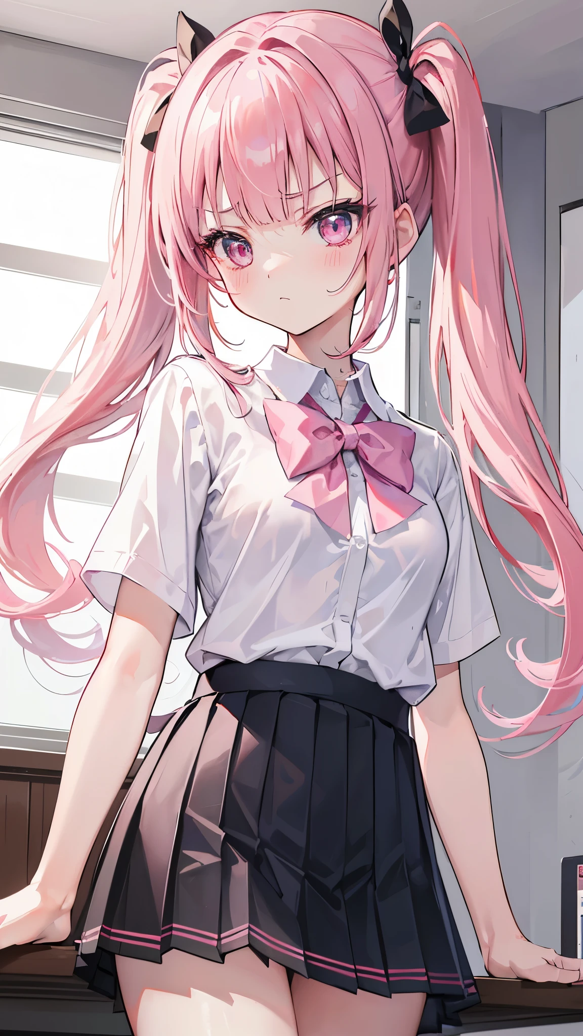 (8k、Best image quality、highest quality、masterpiece)、Detailed face、One girl、Pink Hair、twintails、blunt bangs、Pink eyes、blush、Get angry、Closed Mouth、Small breasts、((White collared shirt))、Short sleeve、A bow tie、((Black pleated skirt))、((micro miniskirt))、Cowboy Shot、Classroom Background