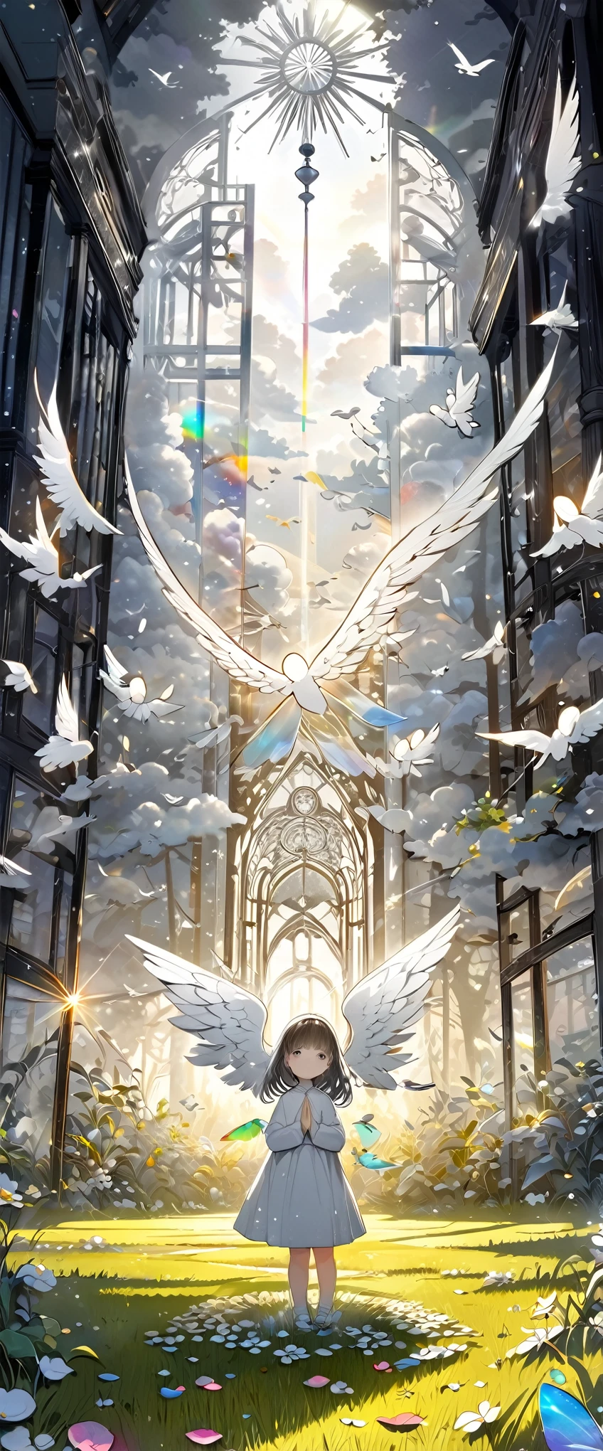 fusion of oil painting and watercolor painting, fusion of paper cutting and shadow puppetry, monochrome artworks here and there, best quality, super fine, 16k, incredibly absurdres, extremely detailed, delicate and dynamic, many cute  angels with wings will descend to pray for peace, a mysterious gigantic artistic structure made of chrome-plated framework and glass, after the rain, sunlight shines through the gaps in the clouds, the glass reflects the rainbow colors and the timer analyzer displayed, a lot of iridescent petals fluttering down, the grass is covered with mist, creating a fantastic image effect