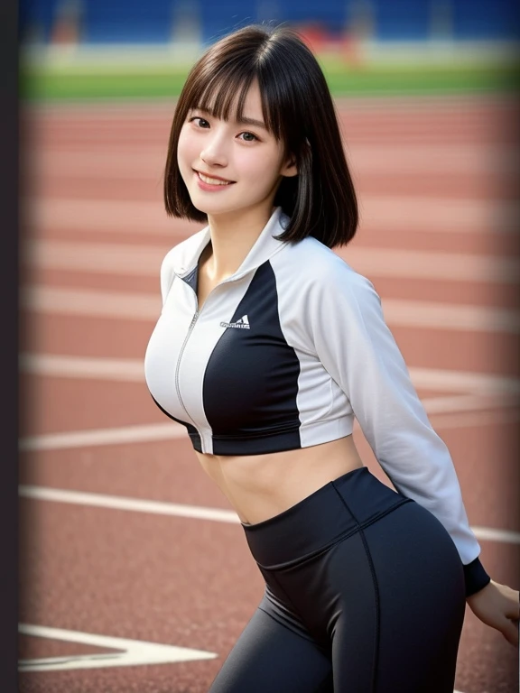 (kawaii 24 year-old Japanese girl, Nogizaka idol, Korean idol, track and field player), healthy female athlete body, glossy black hair, (very short hair, bangs:1.2), beautiful black eyes, rounded face, single eyelid, (no makeup:1.2), (big laughing), (track jacket, sports leggings:1.3), extra small breasts, thigh gap, BREAK, (track and field stadium background, summer sunlights:1.2), (dynamic angle:1.2), BREAK, (masterpiece, best quality, photo realistic, official art:1.4), (UHD, 8K quality wallpaper, high resolution, raw photo, golden ratio:1.3), (shiny skin), professional lighting, physically based rendering, award winning, (highly detailed skin texture, extremely detailed face and eyes textures), Carl Zeiss 300 mm F/2.8, depth of field, (1girl, solo),