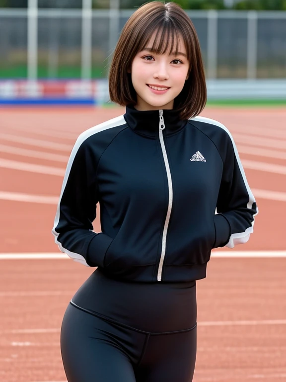 (kawaii 24 year-old Japanese girl, Nogizaka idol, Korean idol, track and field player), healthy female athlete body, glossy black hair, (very short hair, bangs:1.2), beautiful black eyes, rounded face, single eyelid, (no makeup:1.2), (big laughing), (track jacket, sports leggings:1.3), extra small breasts, thigh gap, BREAK, (track and field stadium background, summer sunlights:1.2), (dynamic angle:1.2), BREAK, (masterpiece, best quality, photo realistic, official art:1.4), (UHD, 8K quality wallpaper, high resolution, raw photo, golden ratio:1.3), (shiny skin), professional lighting, physically based rendering, award winning, (highly detailed skin texture, extremely detailed face and eyes textures), Carl Zeiss 300 mm F/2.8, depth of field, (1girl, solo),