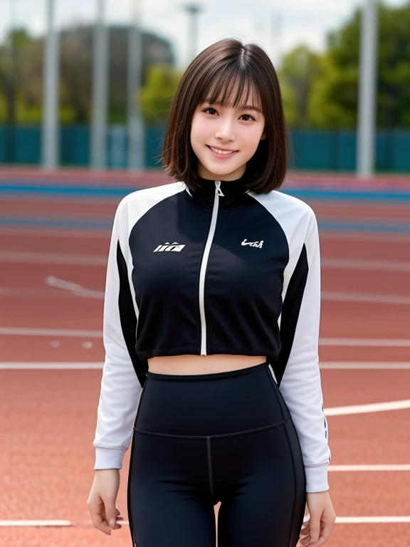 (kawaii 24 year-old Japanese girl, Nogizaka idol, Korean idol, track and field player), healthy female athlete body, glossy black hair, (very short hair, bangs:1.2), beautiful black eyes, rounded face, single eyelid, (no makeup:1.2), (big laughing), (track jacket, sports leggings:1.3), extra small breasts, thigh gap, BREAK, (track and field stadium background, summer sunlights:1.2), (dynamic angle:1.2), BREAK, (masterpiece, best quality, photo realistic, official art:1.4), (UHD, 8K quality wallpaper, high resolution, raw photo, golden ratio:1.3), (shiny skin), professional lighting, physically based rendering, award winning, (highly detailed skin texture, extremely detailed face and eyes textures), Carl Zeiss 300 mm F/2.8, depth of field, (1girl, solo),