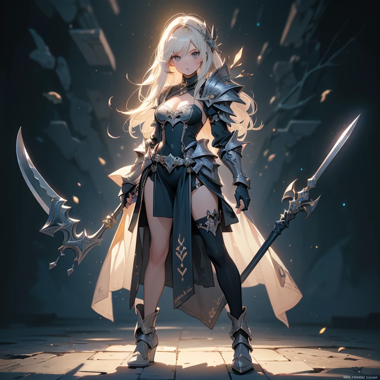 Design a layout showcase Gaming character, (1girl). Golden+Purle clothes, stylish and unique, ((showcase weapon:1.4)), magic staff, (masterpiece:1.2), (best quality), 4k, ultra-detailed, (Step by step design, layout art:1.5), (luminous lighting, atmospheric lighting), magican, ((glove full hands)), (((revealing clothes:1.3))), vambraces, armored legwear, (((full_body_shot:1.4)))