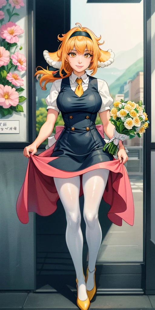 ((Roxanne)) ((woman dressed holding flowers and flowers near a store window)) 1girl, flower, solo (dog fluffy ears) [[orange hair]] pantyhose, bouquet, looking at viewer, black hairband, yellow eyes, dress, hair flower, holding a bouquet, standing, short sleeves, white footwear,(dress color:white, pink:1.4) yellow flower, selling flowers, scenery, night time, wall lamp, smile, pink flowers, blue flowers, cowboy shot, large breasts, small ribbon on flower as tie ((scenery)),(((scenery))),windy,(windy:1.3),(scenery),((scenery)),(((scenery)))