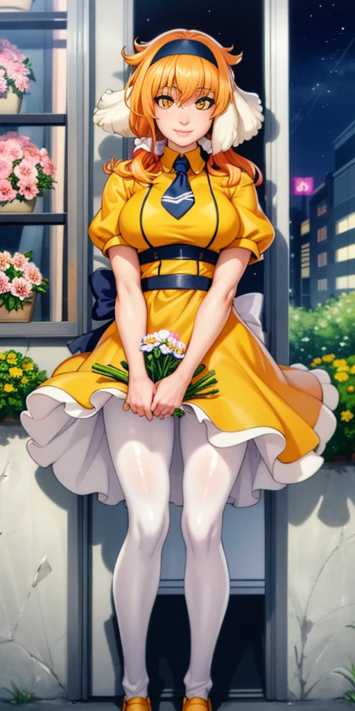 ((Roxanne)) ((woman dressed holding flowers and flowers near a store window)) 1girl, flower, solo (dog fluffy ears) [[orange hair]] pantyhose, bouquet, looking at viewer, black hairband, yellow eyes, dress, hair flower, holding a bouquet, standing, short sleeves, white footwear,(dress color:white, pink:1.4) yellow flower, selling flowers, scenery, night time, wall lamp, smile, pink flowers, blue flowers, cowboy shot, large breasts, small ribbon on flower as tie ((scenery)),(((scenery))),windy,(windy:1.3),(scenery),((scenery)),(((scenery)))